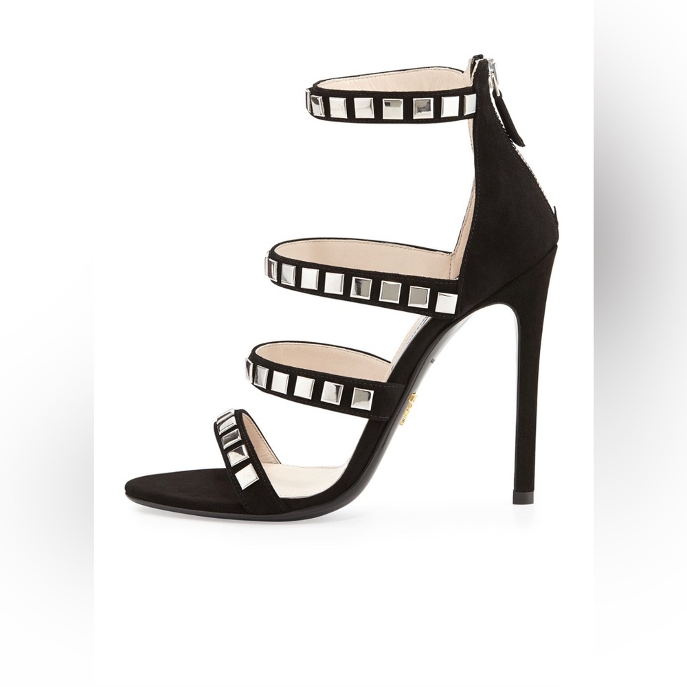 PRADA Beautiful 39.5 Triple Strap Studded Heels Worn 2X Only, Orig Box DUSTBAGS!